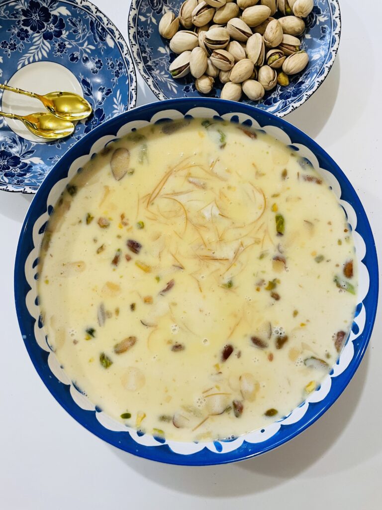 Sheer Khurma is a sweet dish made with vermicelli and milk. It's a special dessert usually served on Eid