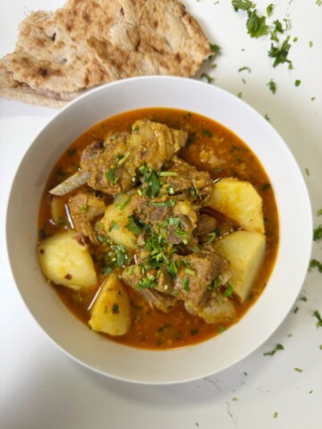 A bowl full of meat and potato stew