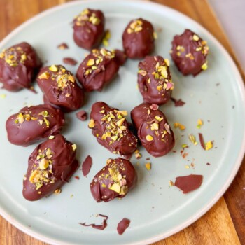 Pistachio Kunafah Stuffed dates coated with chocolate; viral dubai chocolate style