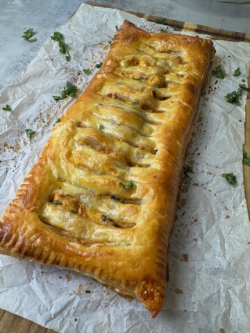 Creamy chicken filling is baked with crispy puff pastry