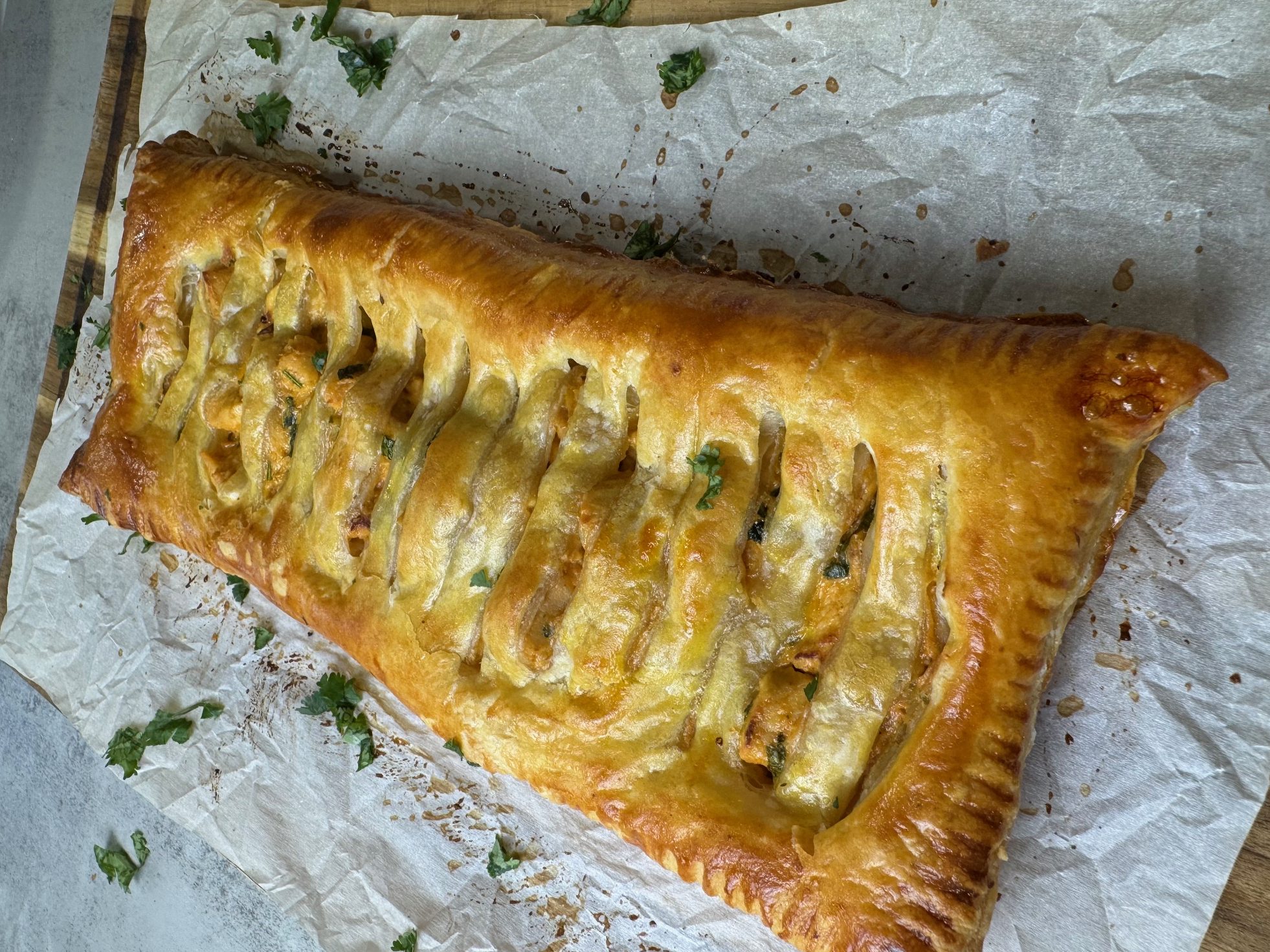 Creamy chicken filling is baked with crispy puff pastry