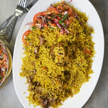 A meat and rice dish made in the oven with the biryani spices