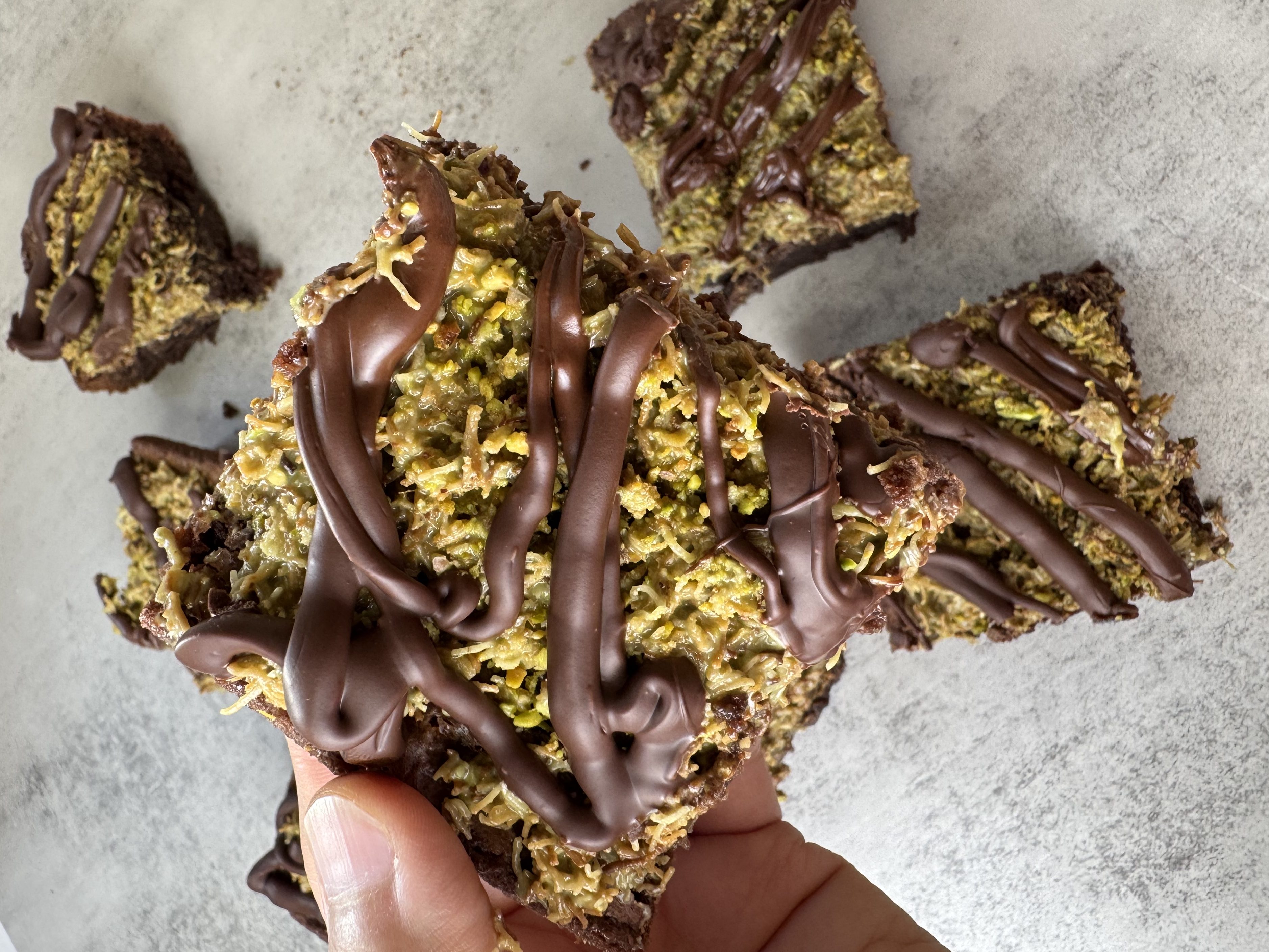 Easy Dubai Chocolate Brownies made with brownie mix