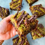 Brownie made with brownie mix and topped with kunafa pistachio paste
