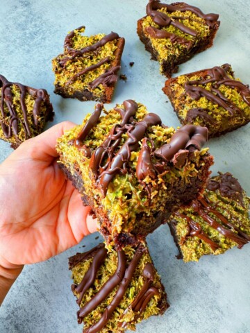 Brownie made with brownie mix and topped with kunafa pistachio paste