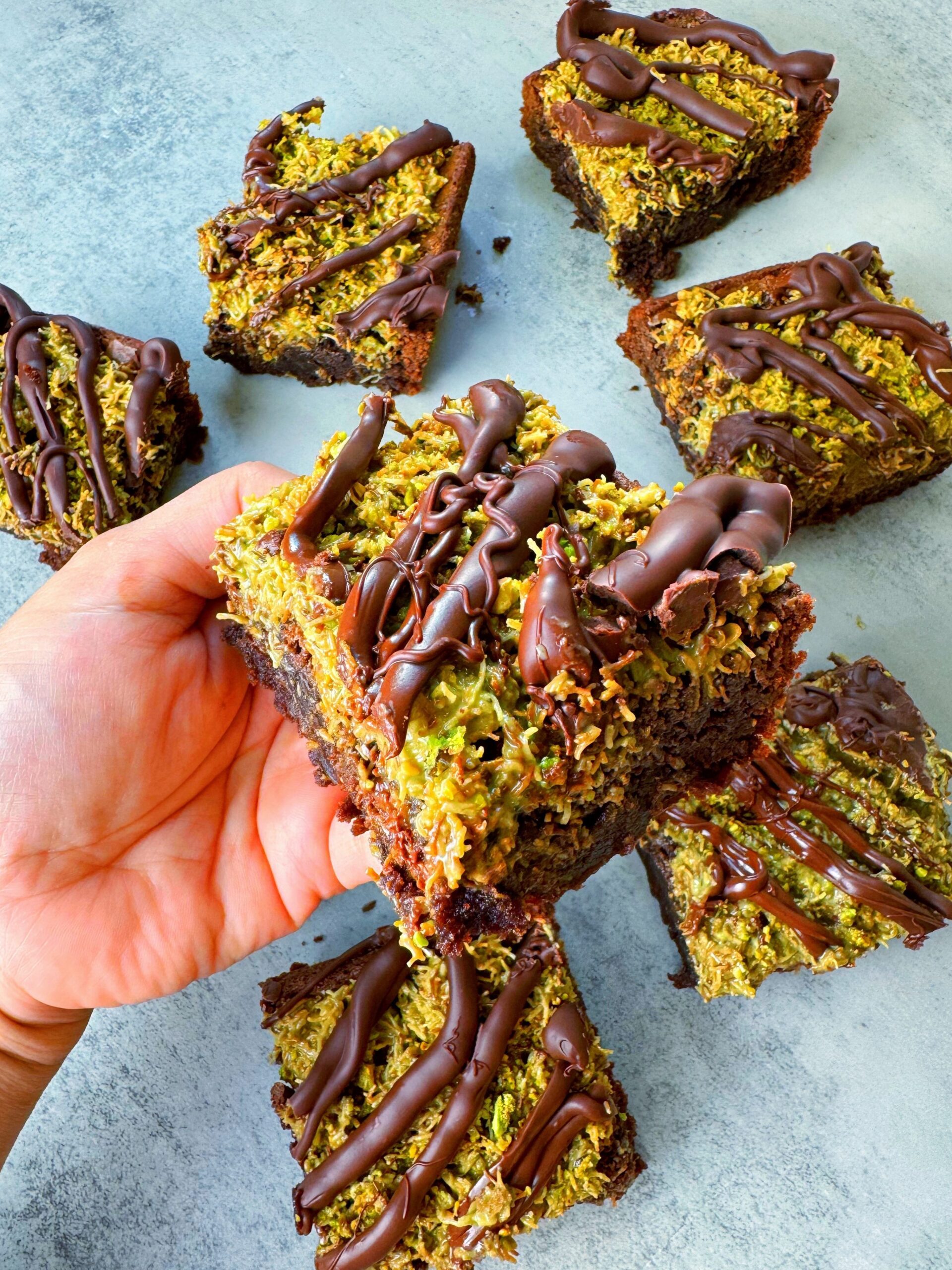 Brownie made with brownie mix and topped with kunafa pistachio paste
