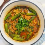 Bhindi gosht is a curry made with meat such as lamb or goat and okra