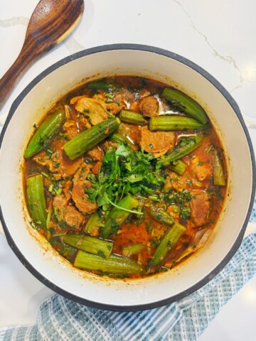Bhindi gosht is a curry made with meat such as lamb or goat and okra