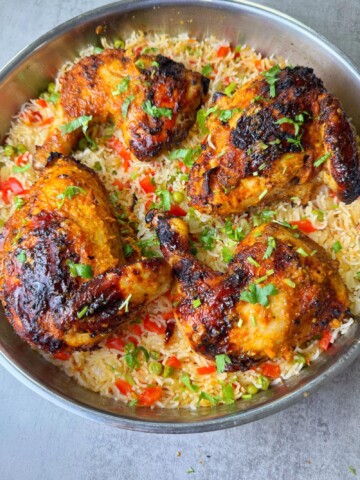 A pot of fragrant peri peri chicken and rice