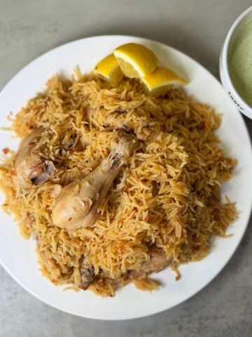 A chicken and rice dish made in the Instant Pot with minimal spices in Pakistani style
