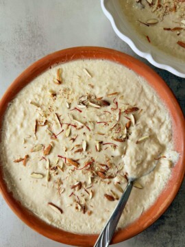 A rice and milk pudding made with caramelized sugar that is famous in Peshawar