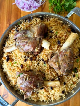 Peshawari Pulao made with fall apart pieces of lamb or beef and fragrant rice