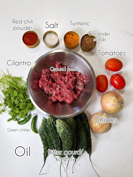 ground beef, bitter gourd and other ingredients for keema kareely recipe