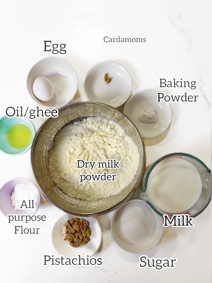 A picture showing all the ingredients needed for the rasmalai made from milk powder which is fool proof and beginner friendly
